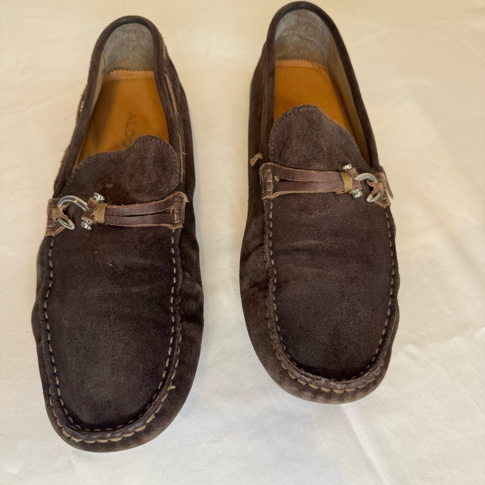Aldo Men's Brown Suede Loafers – Slip-On, Moccasin Style, Metal Accent, Size 9